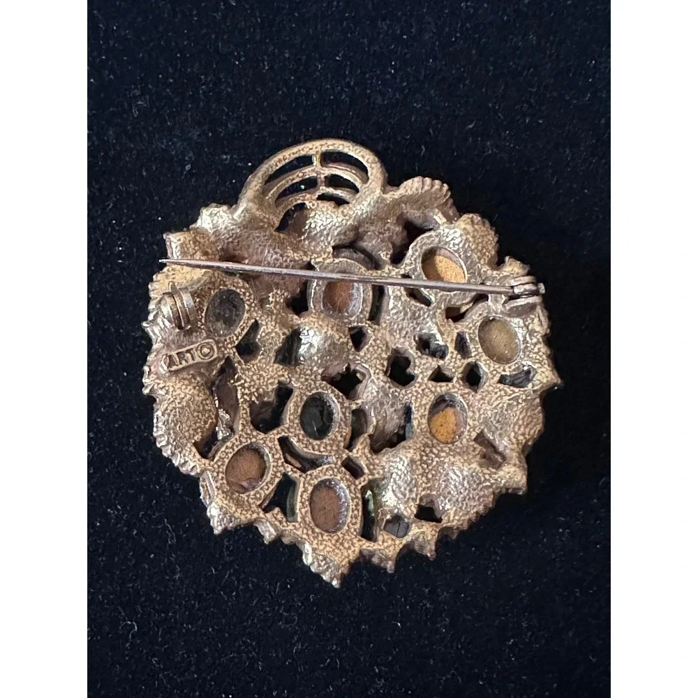 Vtg Arthur Pepper Brooch Pin Greens Cabochon Rhinestone Gold Leaves Gripoix RARE